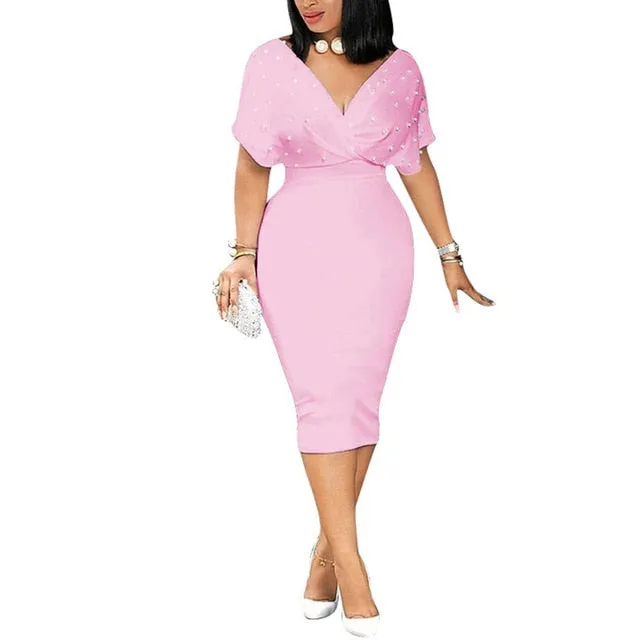2020 Summer Slim Dresses Women V Neck with Bead Classy Lady Work Office Wear Bodycon Plus Size 3XL Elegant Modest Femme Clothes