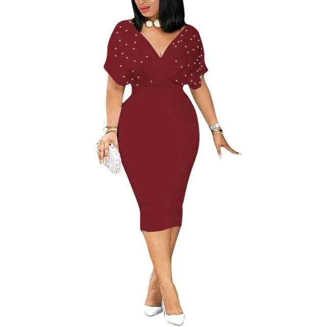 2020 Summer Slim Dresses Women V Neck with Bead Classy Lady Work Office Wear Bodycon Plus Size 3XL Elegant Modest Femme Clothes
