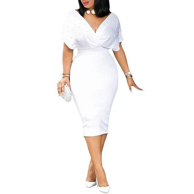 2020 Summer Slim Dresses Women V Neck with Bead Classy Lady Work Office Wear Bodycon Plus Size 3XL Elegant Modest Femme Clothes
