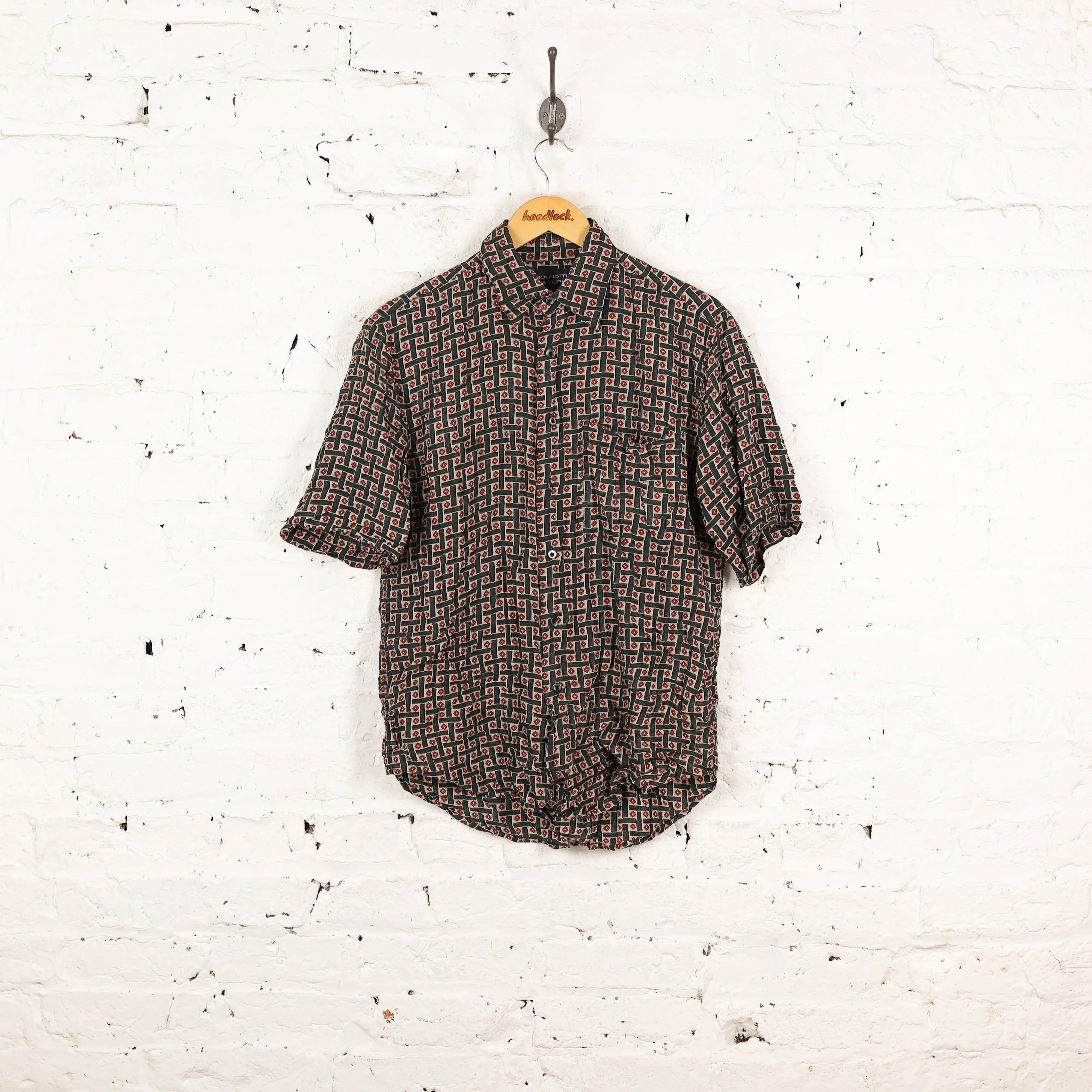 90s Squares Pattern Silk Shirt - Black - S