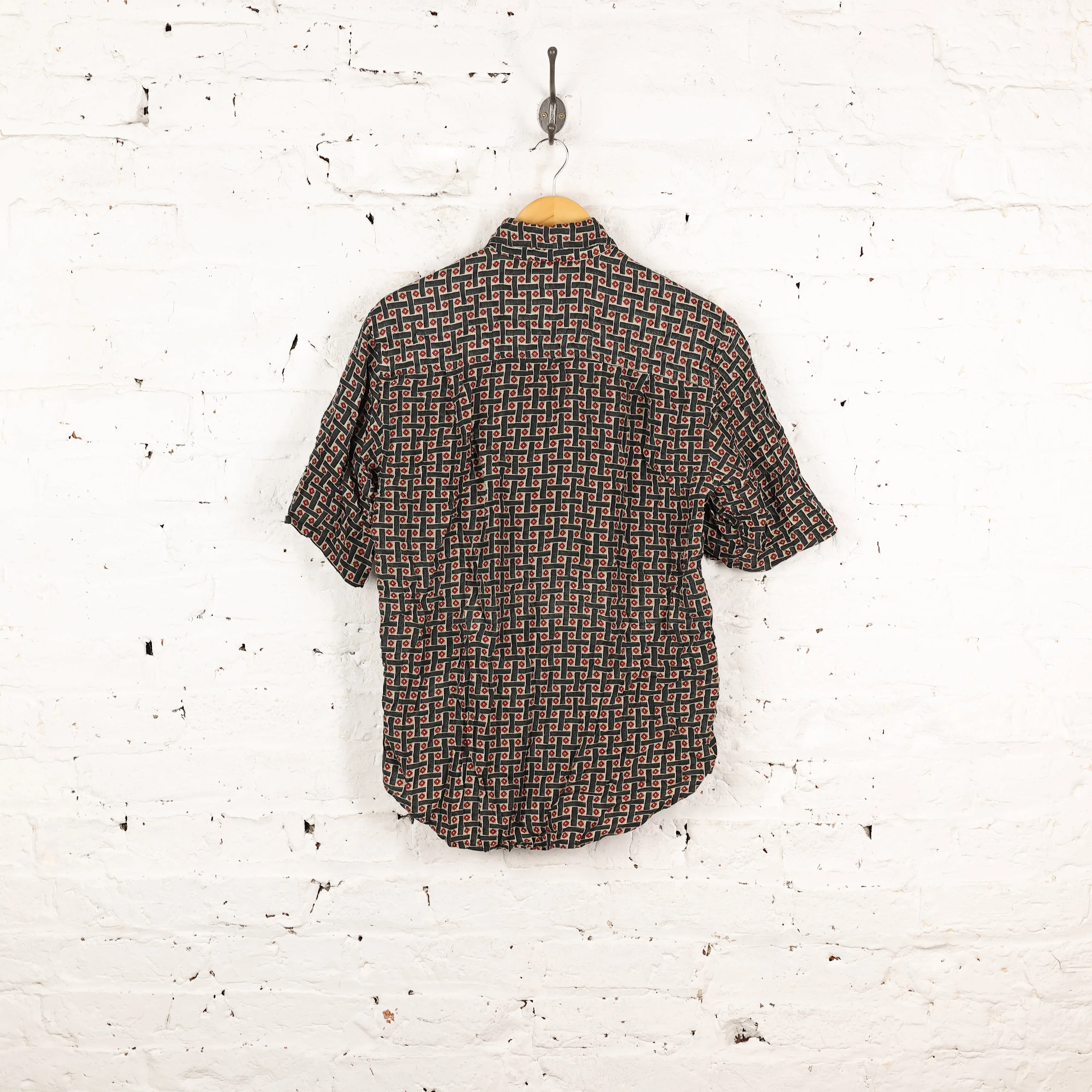 90s Squares Pattern Silk Shirt - Black - S