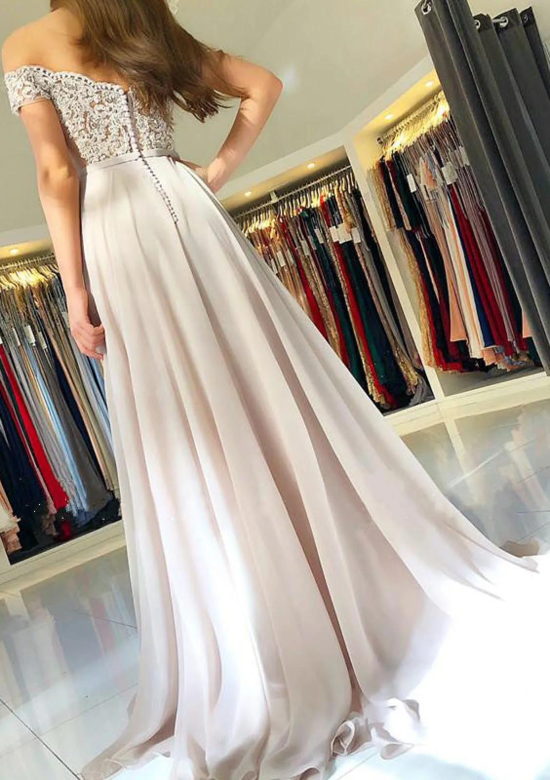 A-line Off Shoulder White Chiffon Formal Evening Dress, Beaded Lace