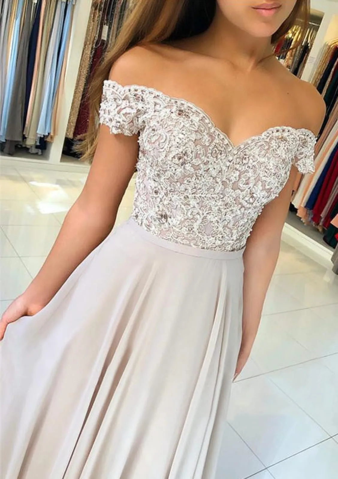 A-line Off Shoulder White Chiffon Formal Evening Dress, Beaded Lace