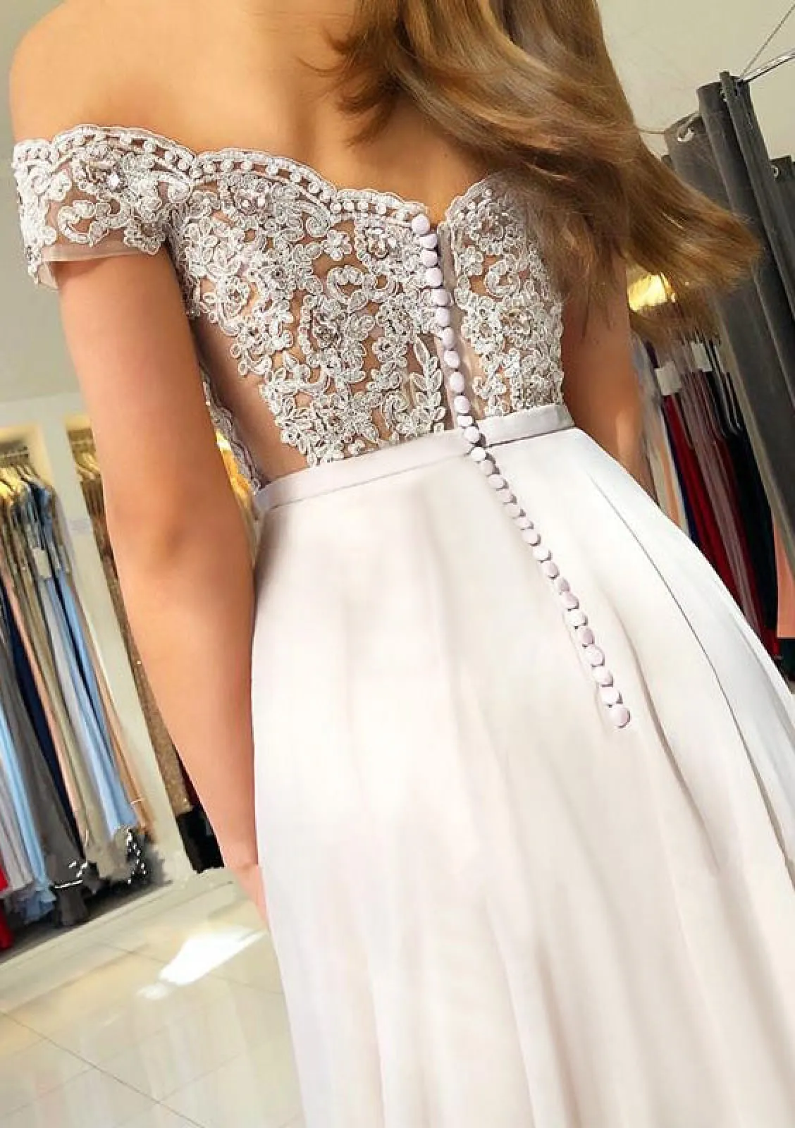 A-line Off Shoulder White Chiffon Formal Evening Dress, Beaded Lace