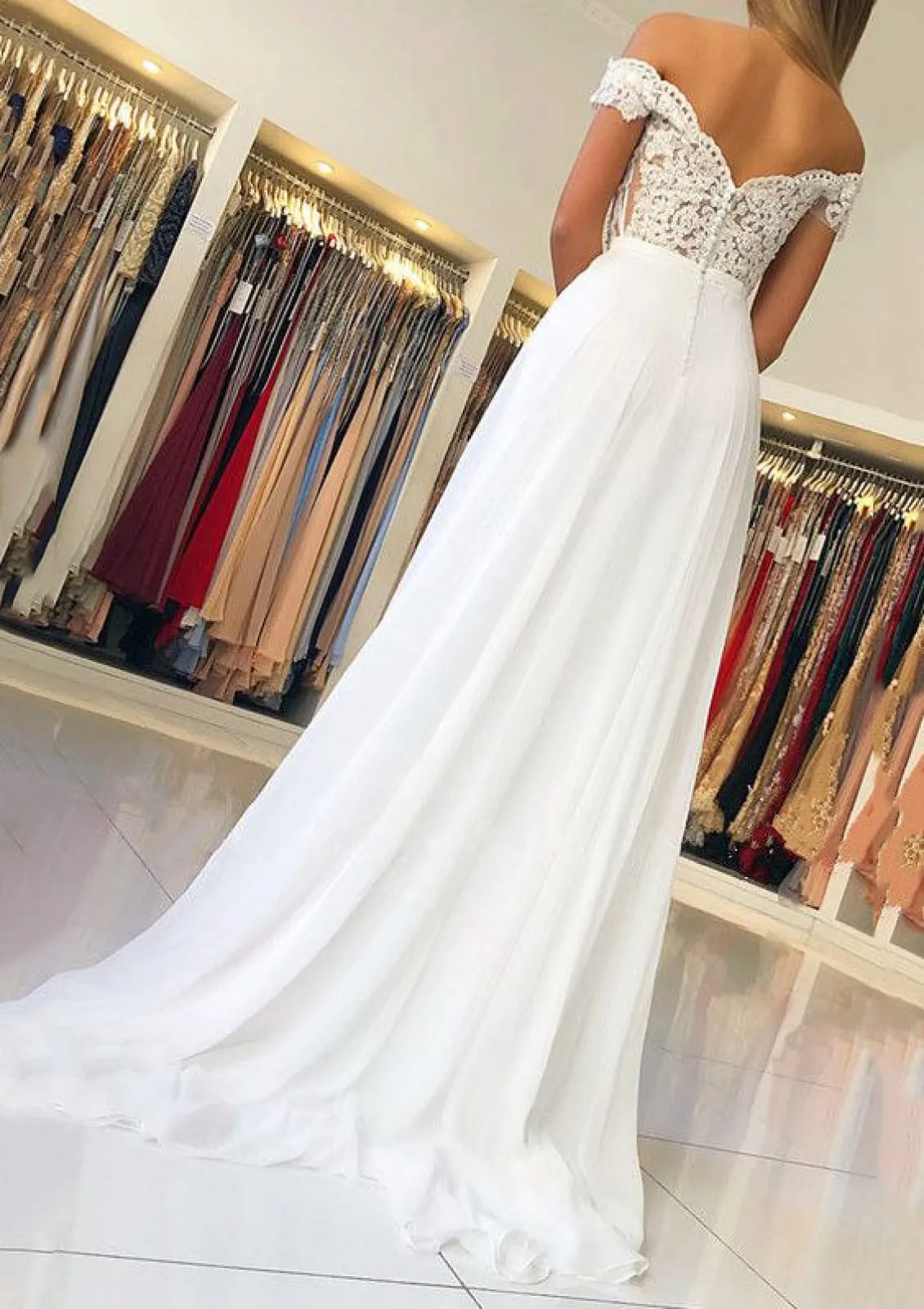 A-line Off Shoulder White Chiffon Formal Evening Dress, Beaded Lace