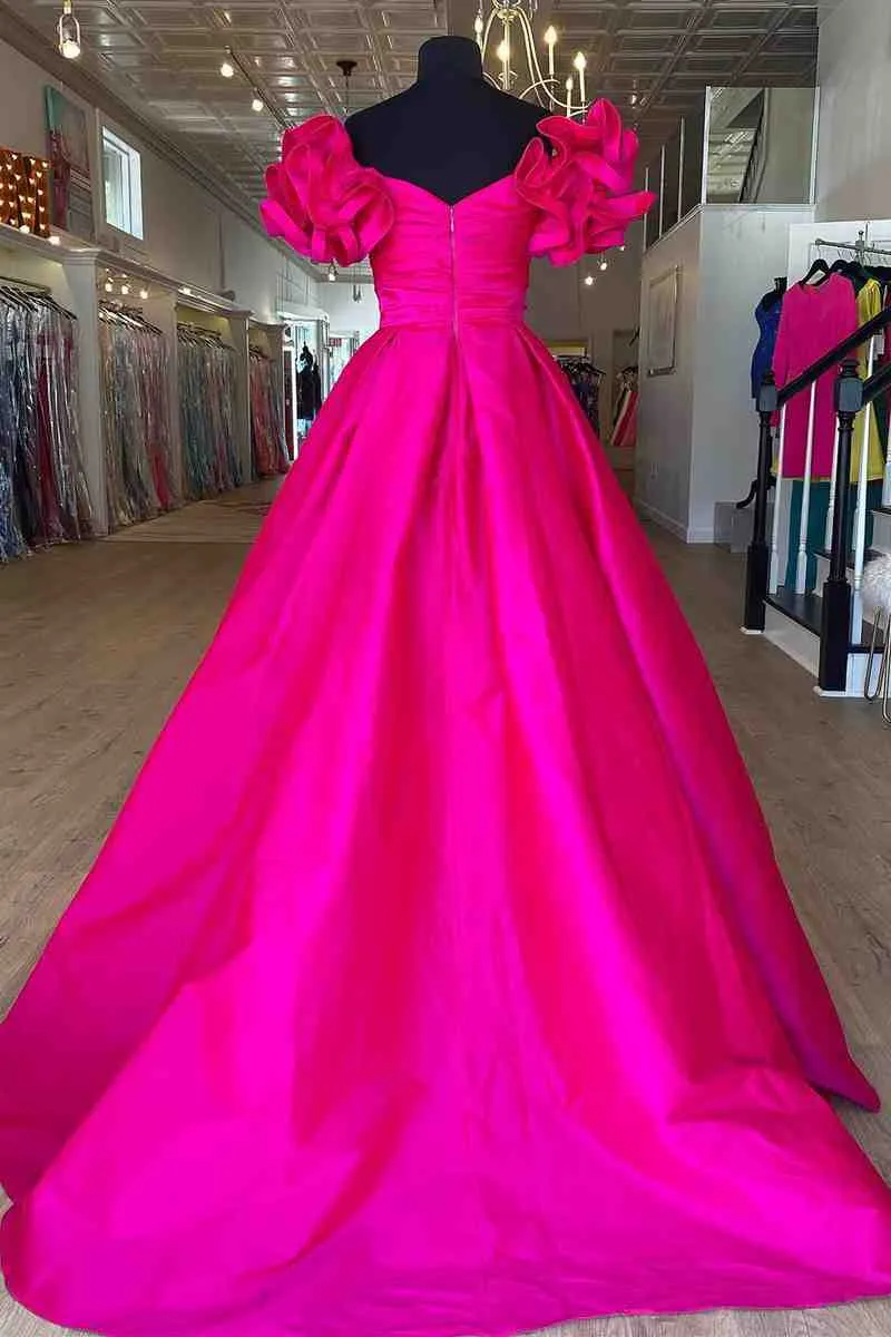 A-Line Ruffle Shoulder Fuchsia Satin Long Formal Dress