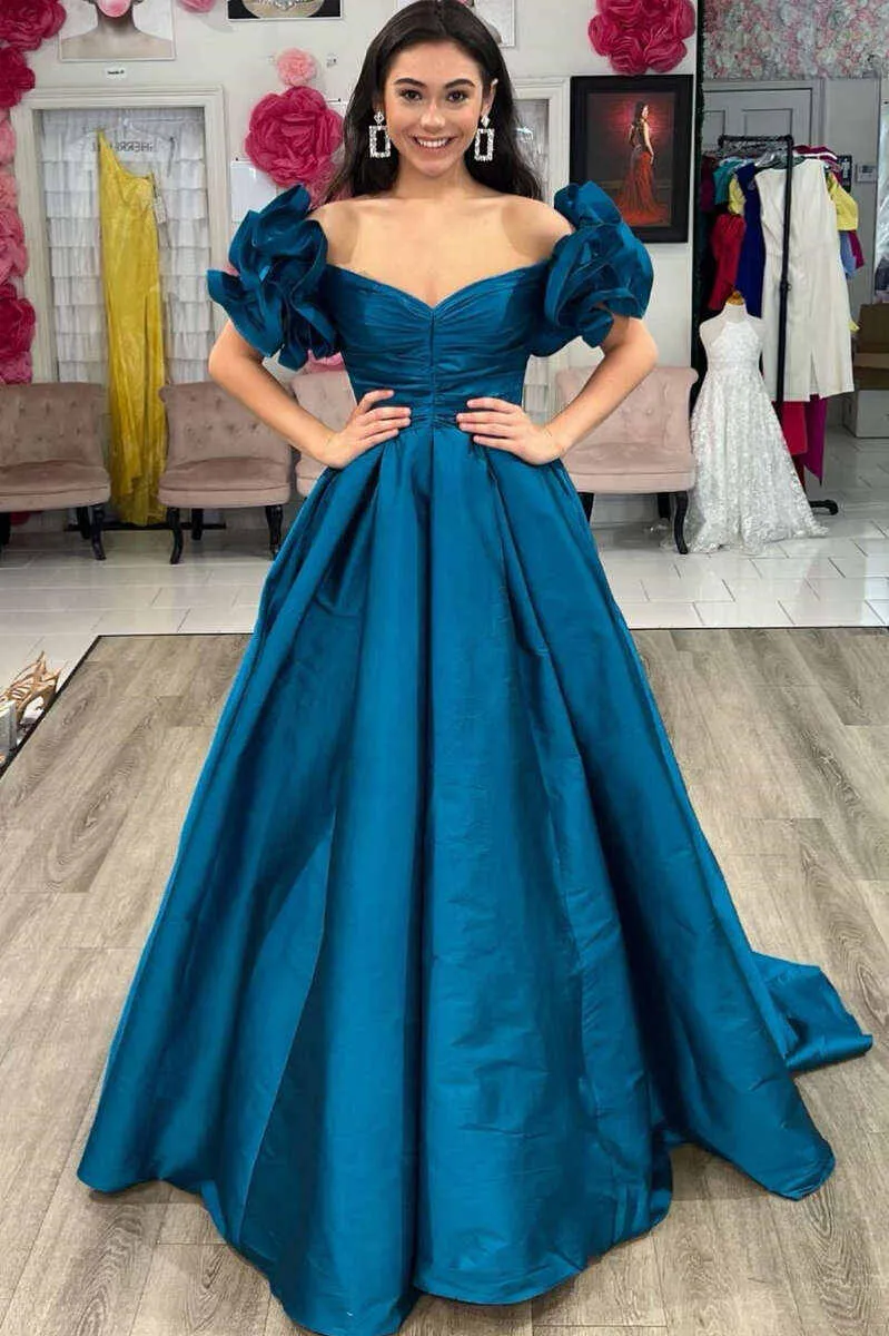 A-Line Ruffle Shoulder Fuchsia Satin Long Formal Dress