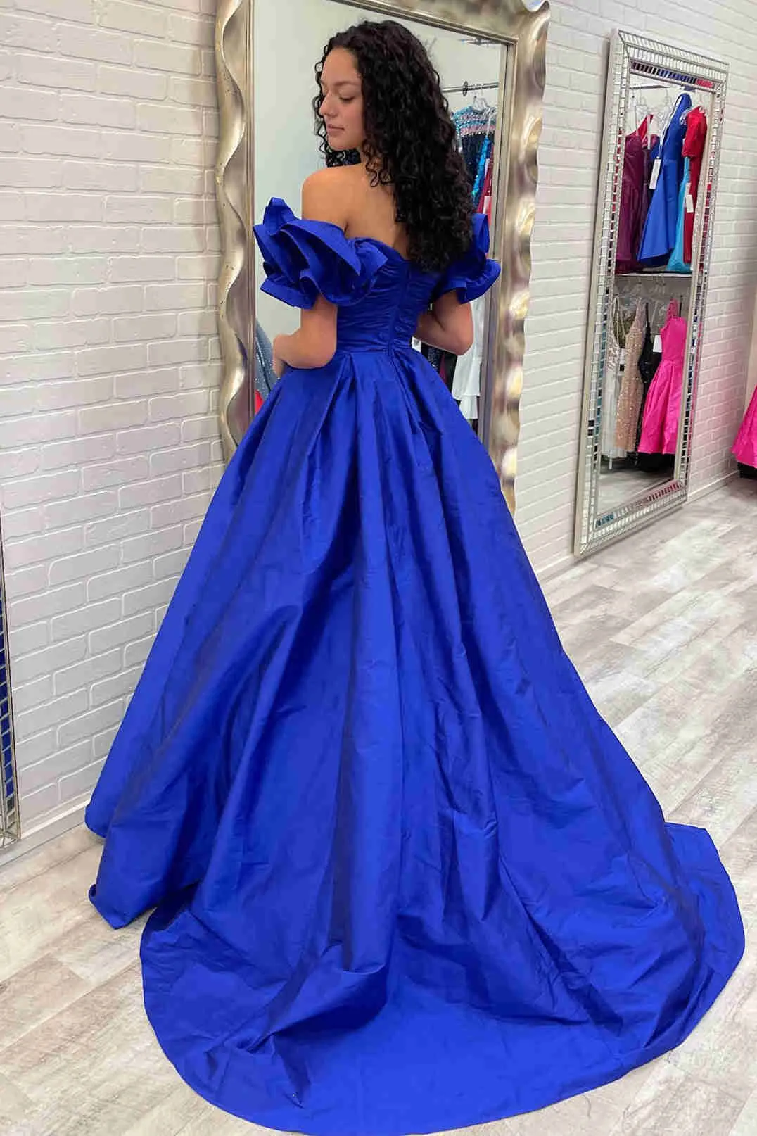 A-Line Ruffle Shoulder Fuchsia Satin Long Formal Dress