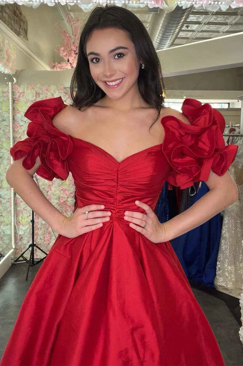 A-Line Ruffle Shoulder Fuchsia Satin Long Formal Dress