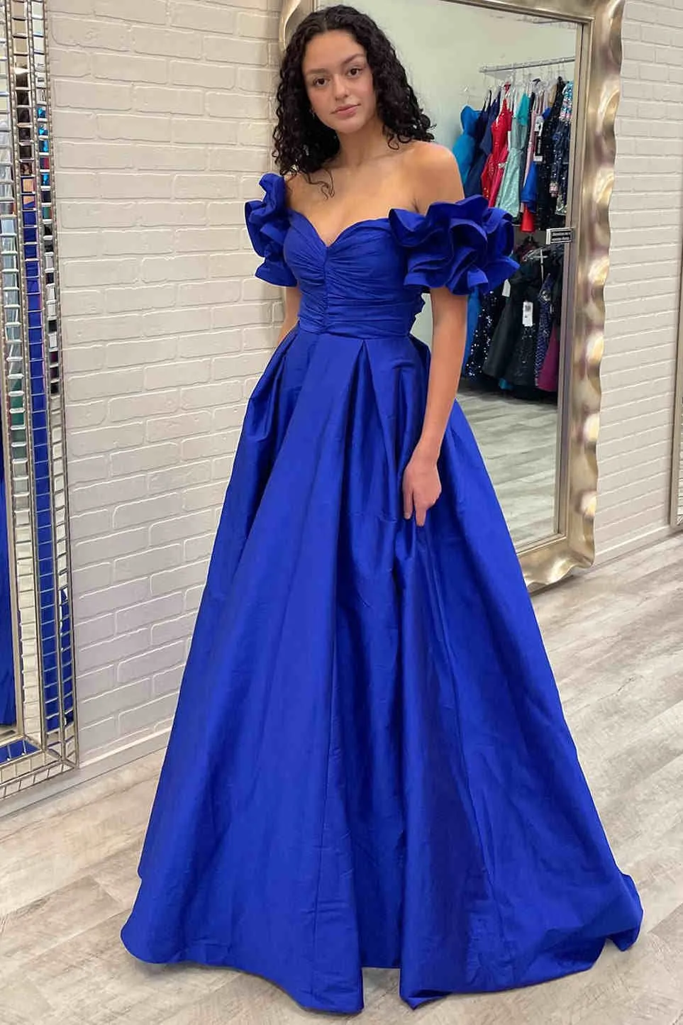 A-Line Ruffle Shoulder Fuchsia Satin Long Formal Dress