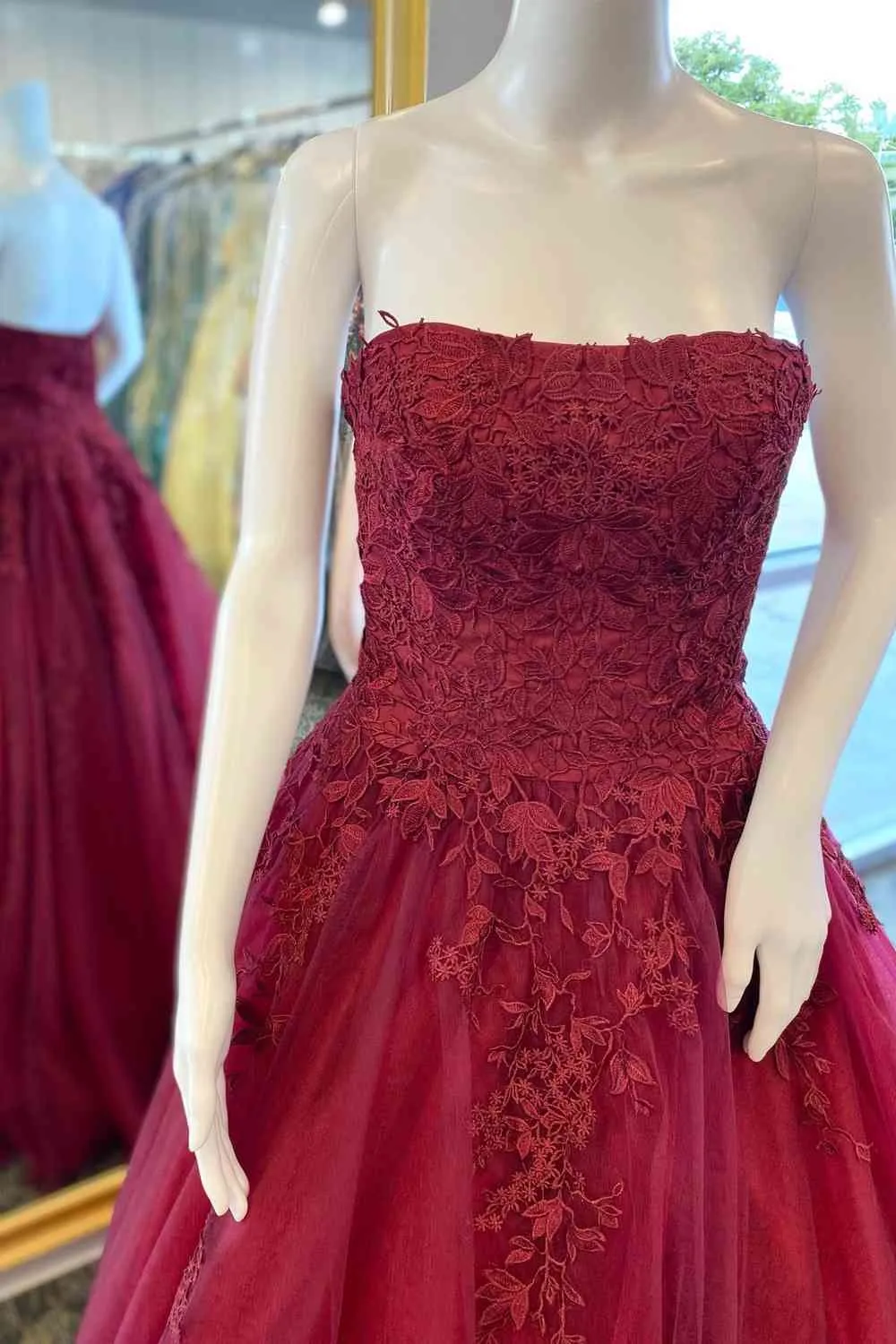 A-Line Strapless Fuchsia Appliques Long Formal Dress