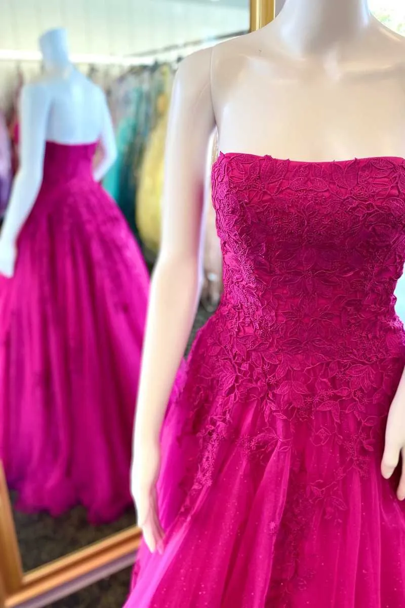 A-Line Strapless Fuchsia Appliques Long Formal Dress