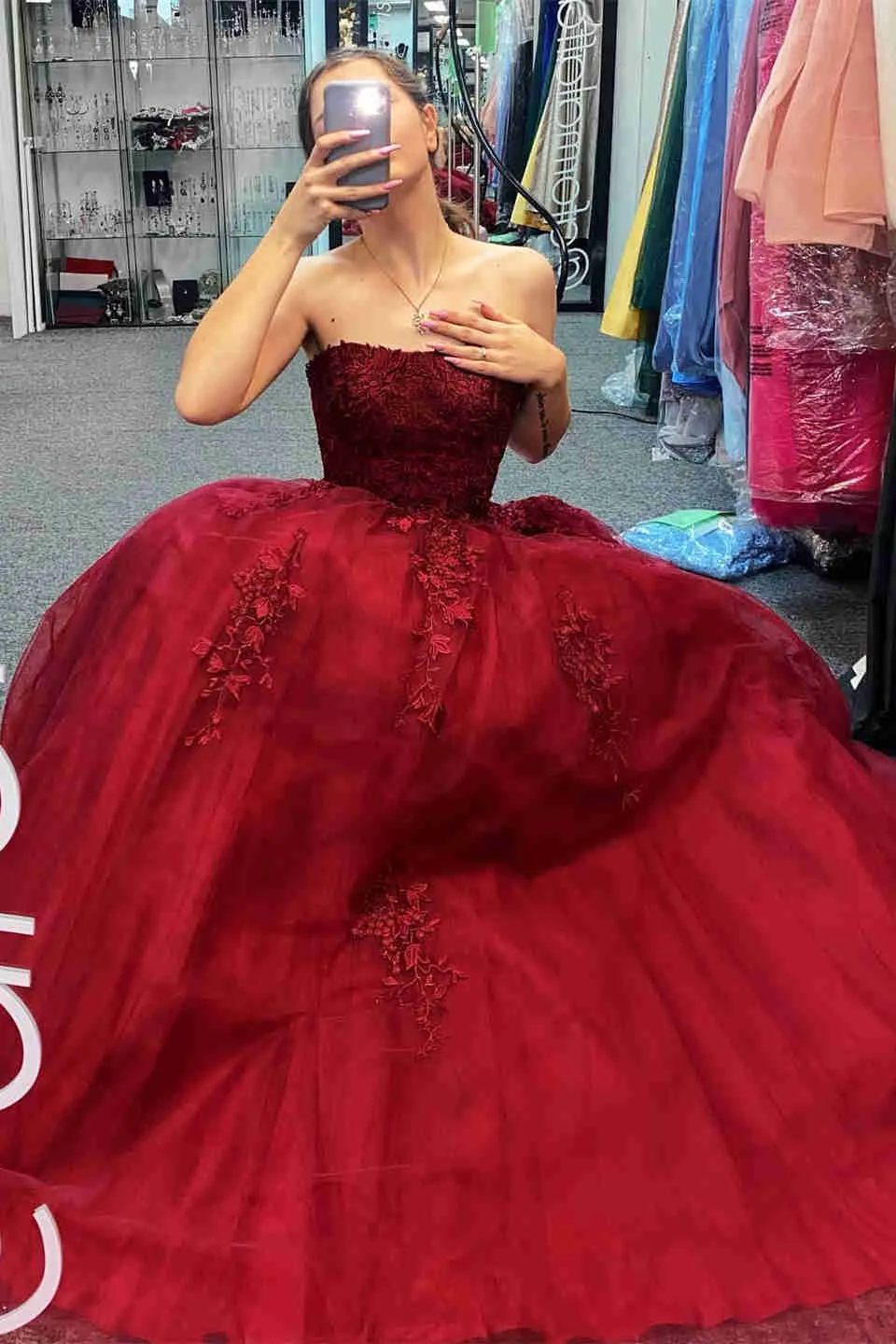 A-Line Strapless Fuchsia Appliques Long Formal Dress