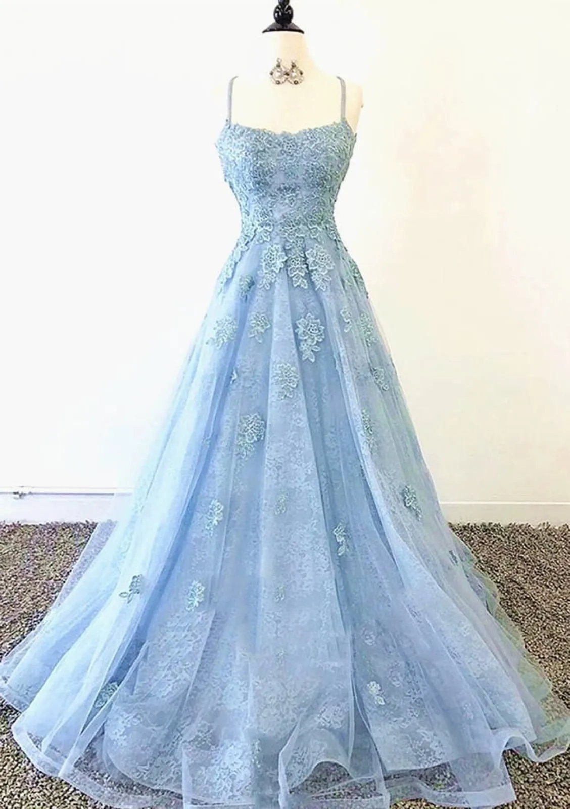 A-line Straps Sleeveless Court Sky Blue Lace Tulle Prom Dress, Appliqued