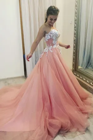 A Line Sweetheart Tulle Appliques Prom Dress, Long Formal Dress OKQ4