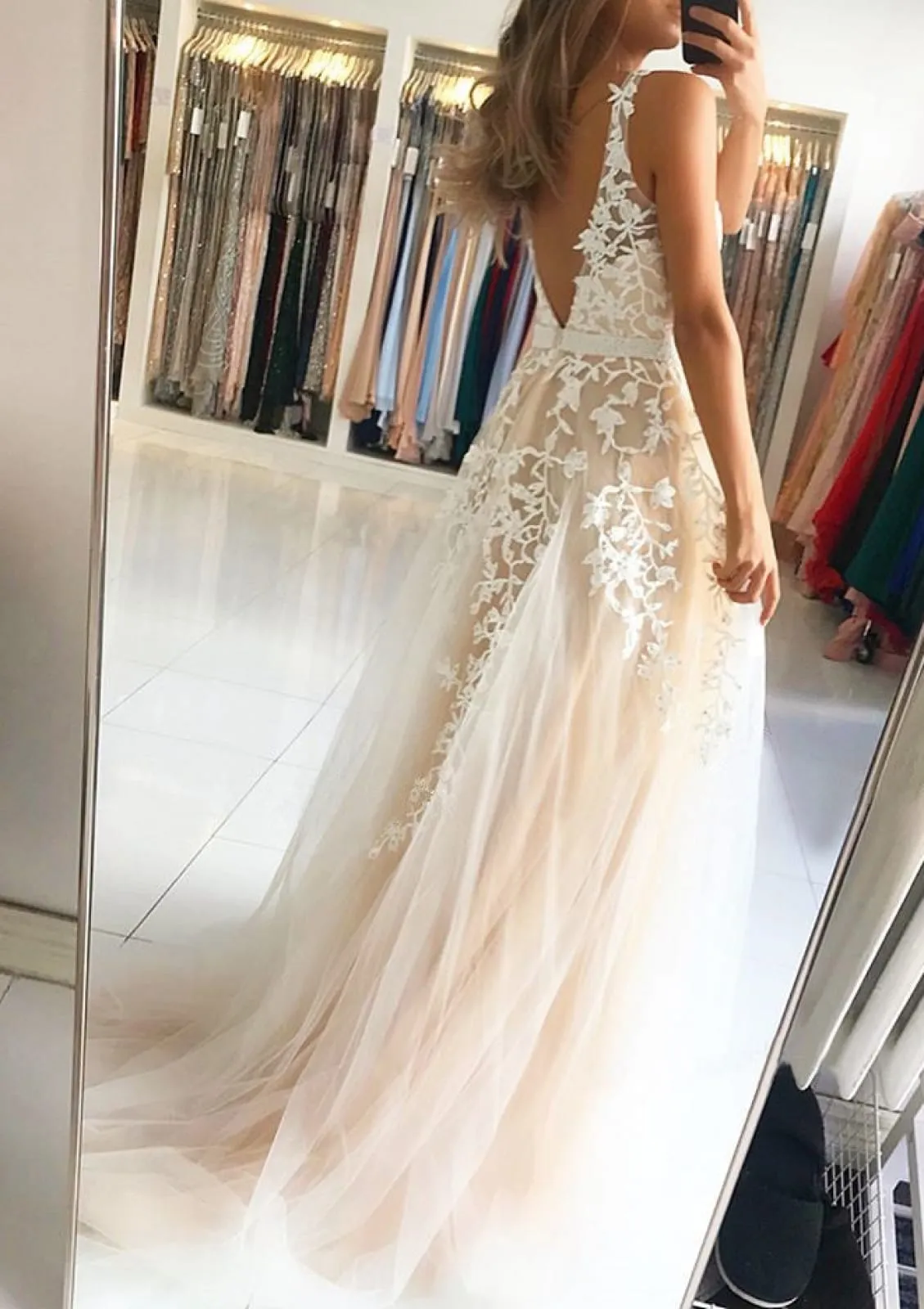 A-line/Princess Champagne Sleeveless Lace Tulle Formal Evening Prom Dress
