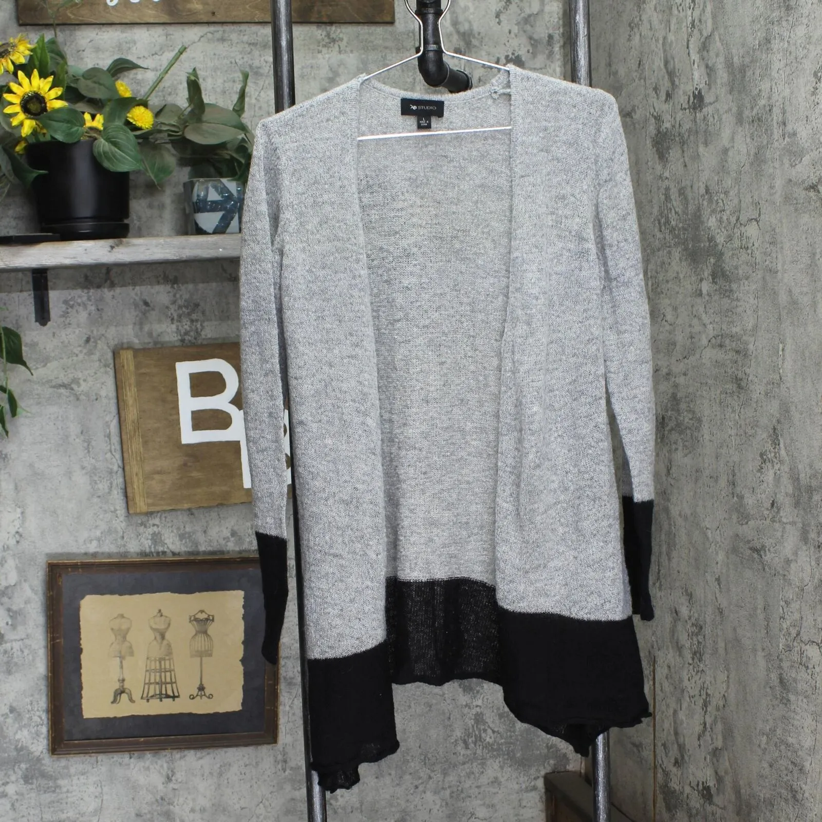 AB Studio Womens Wool Blend Lightweight Open Front Cardigan Gray / Black L