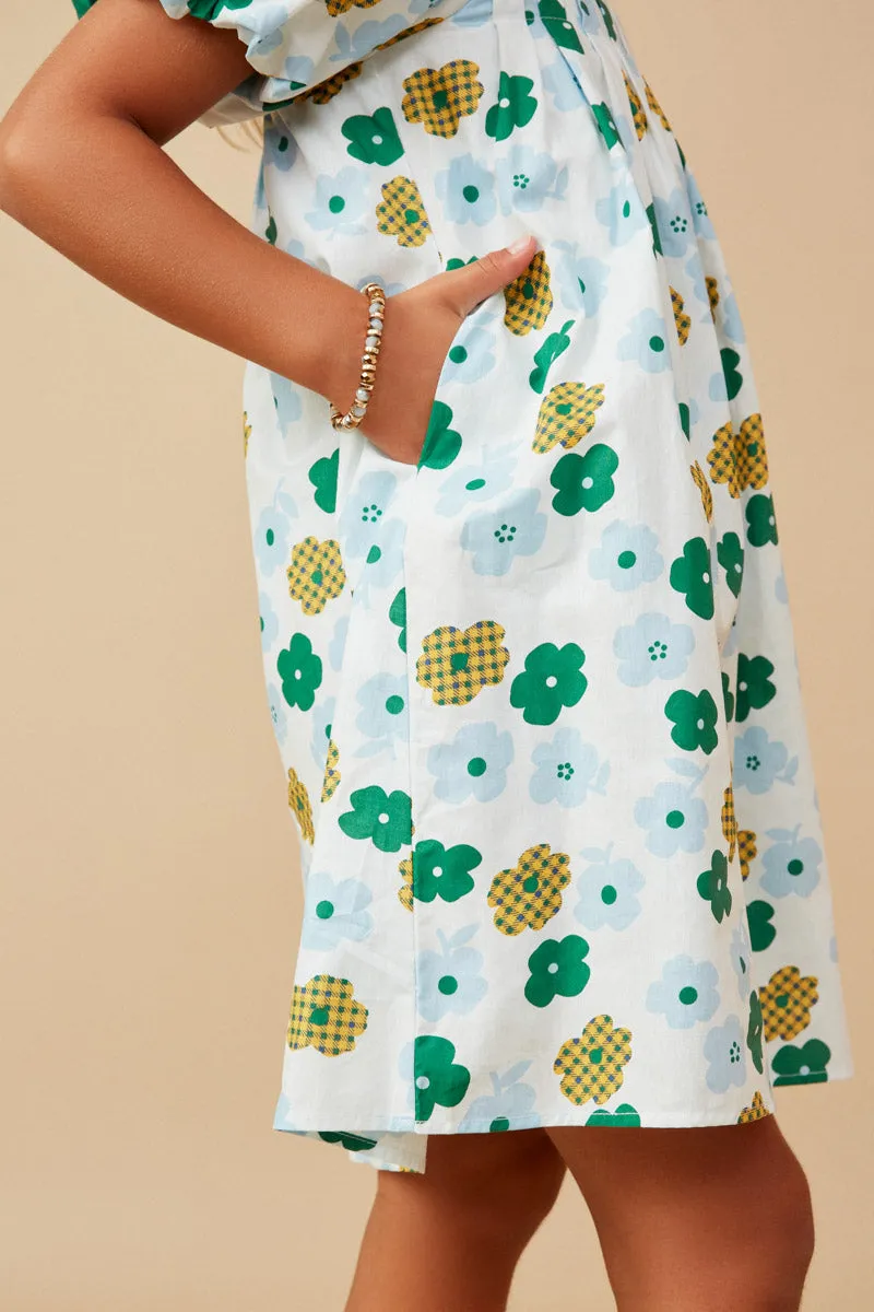 Abstract Floral Square Neck Puff Sleeve Dress
