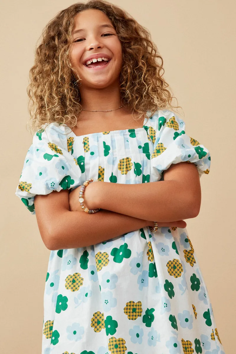 Abstract Floral Square Neck Puff Sleeve Dress