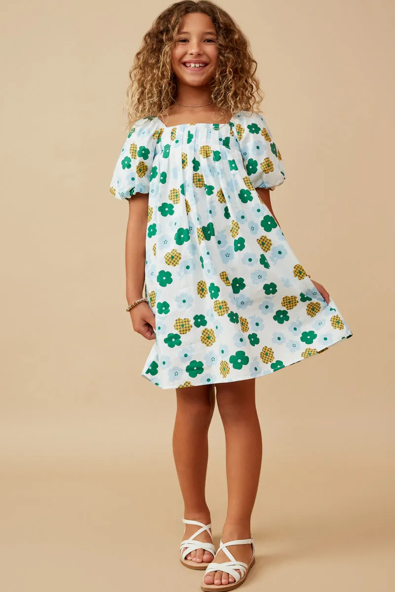 Abstract Floral Square Neck Puff Sleeve Dress