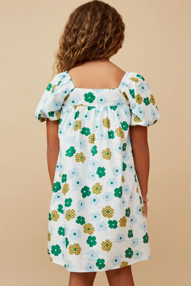 Abstract Floral Square Neck Puff Sleeve Dress