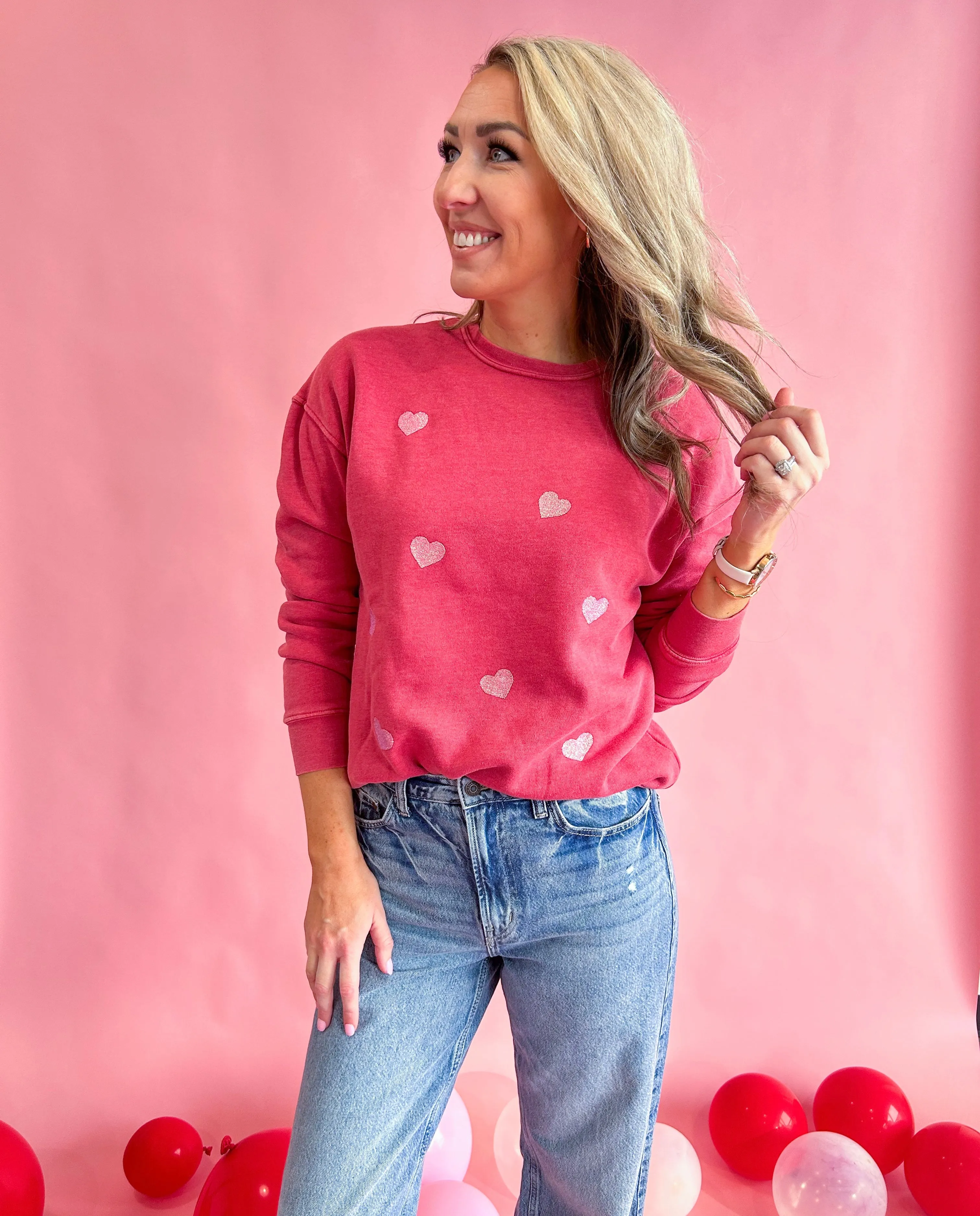 All Over Glitter Hearts Washed Sweatshirt