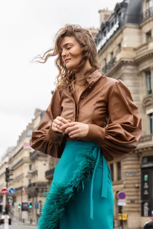 AMATISTA SKIRT IN TEAL GREEN, WITH OSTRICH FEATHERS