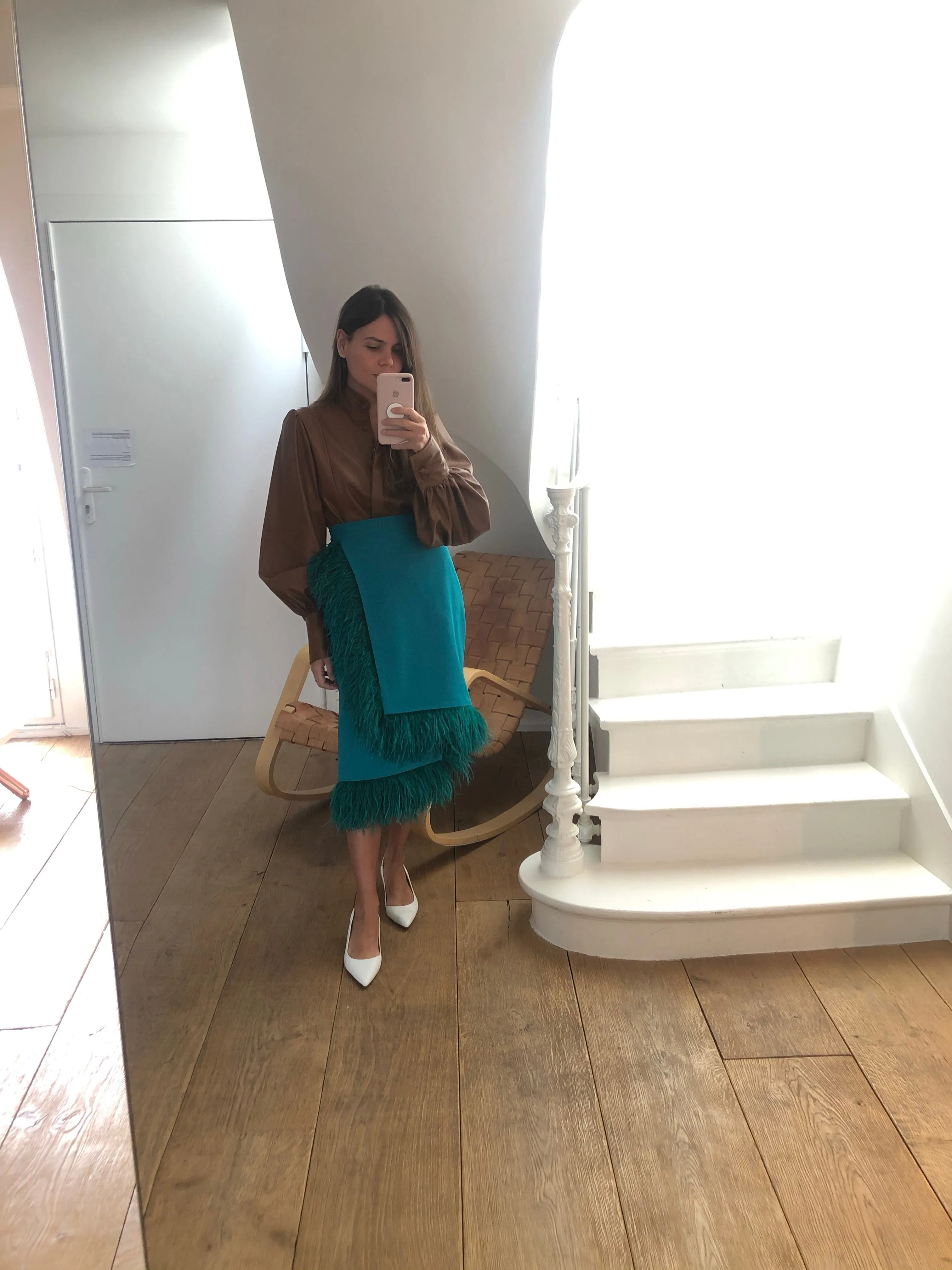 AMATISTA SKIRT IN TEAL GREEN, WITH OSTRICH FEATHERS
