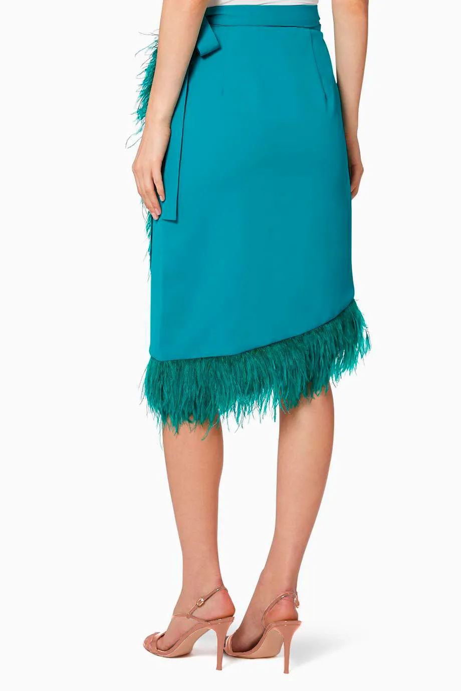AMATISTA SKIRT IN TEAL GREEN, WITH OSTRICH FEATHERS