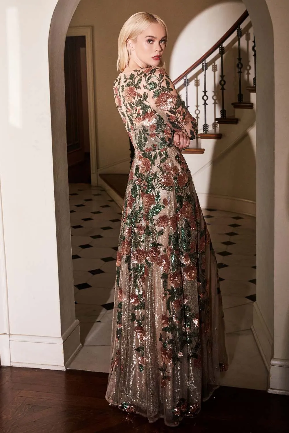 Andrea & Leo A0926 Long Sleeved Evening Gown with Floral Appliques