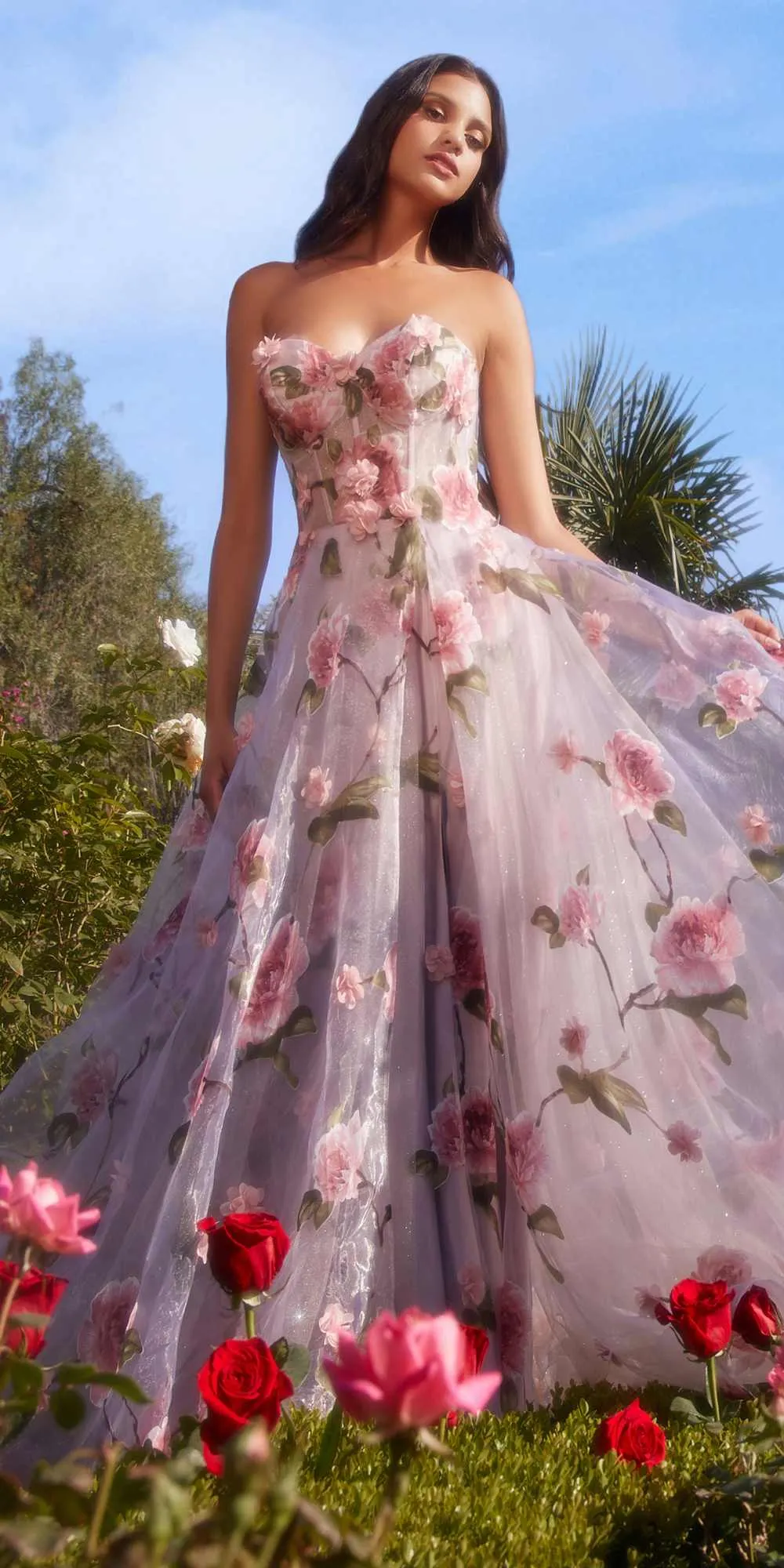 Andrea & Leo A1035 Strapless Organza Ball Gown Floral Print