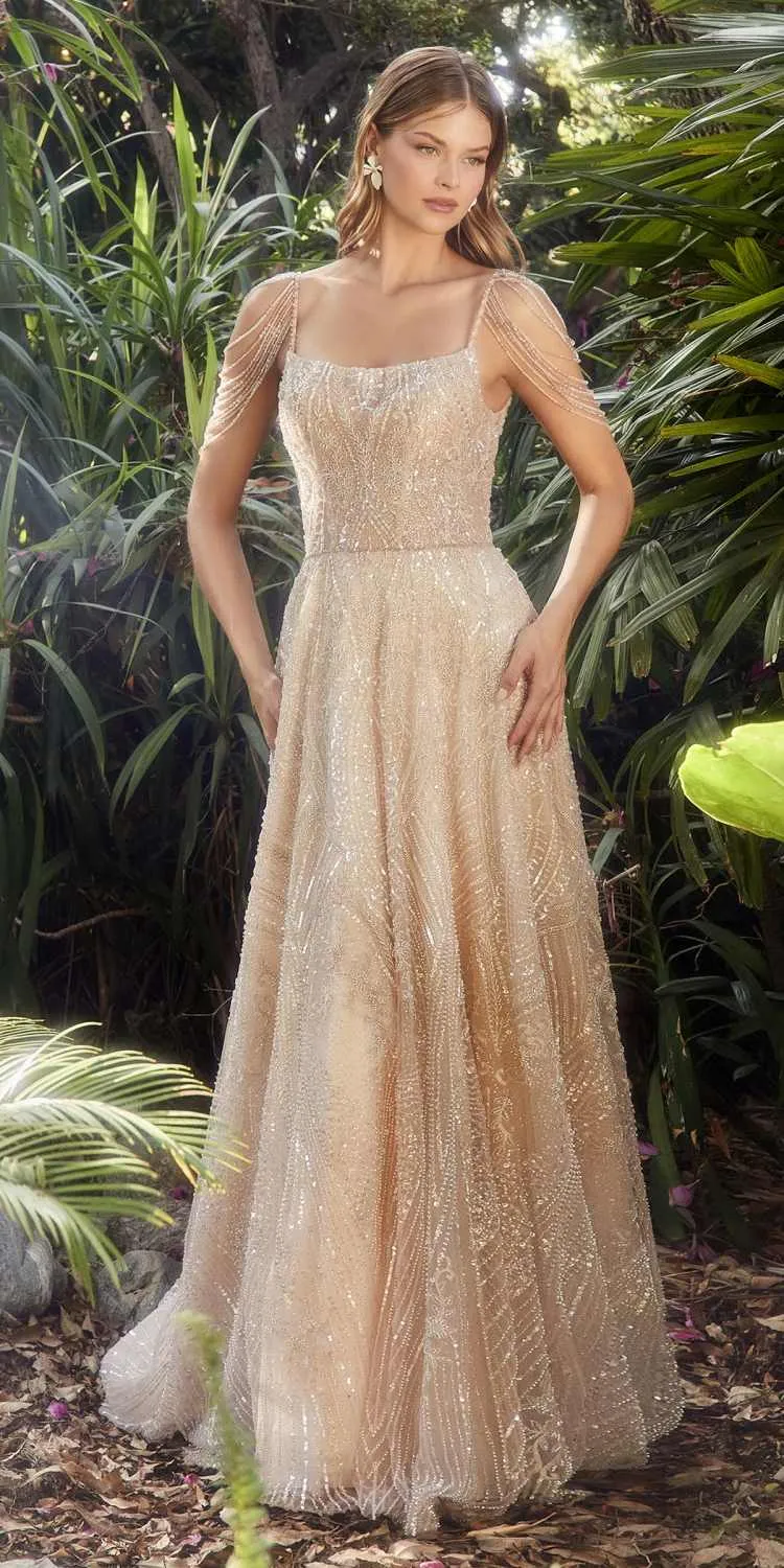 Andrea & Leo A1112 Long Bead Champagne A-Line Gown