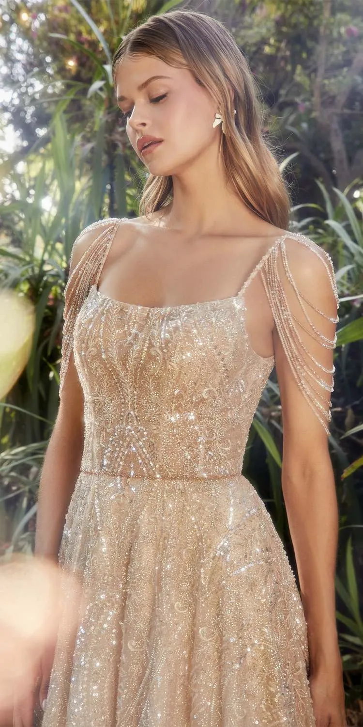 Andrea & Leo A1112 Long Bead Champagne A-Line Gown