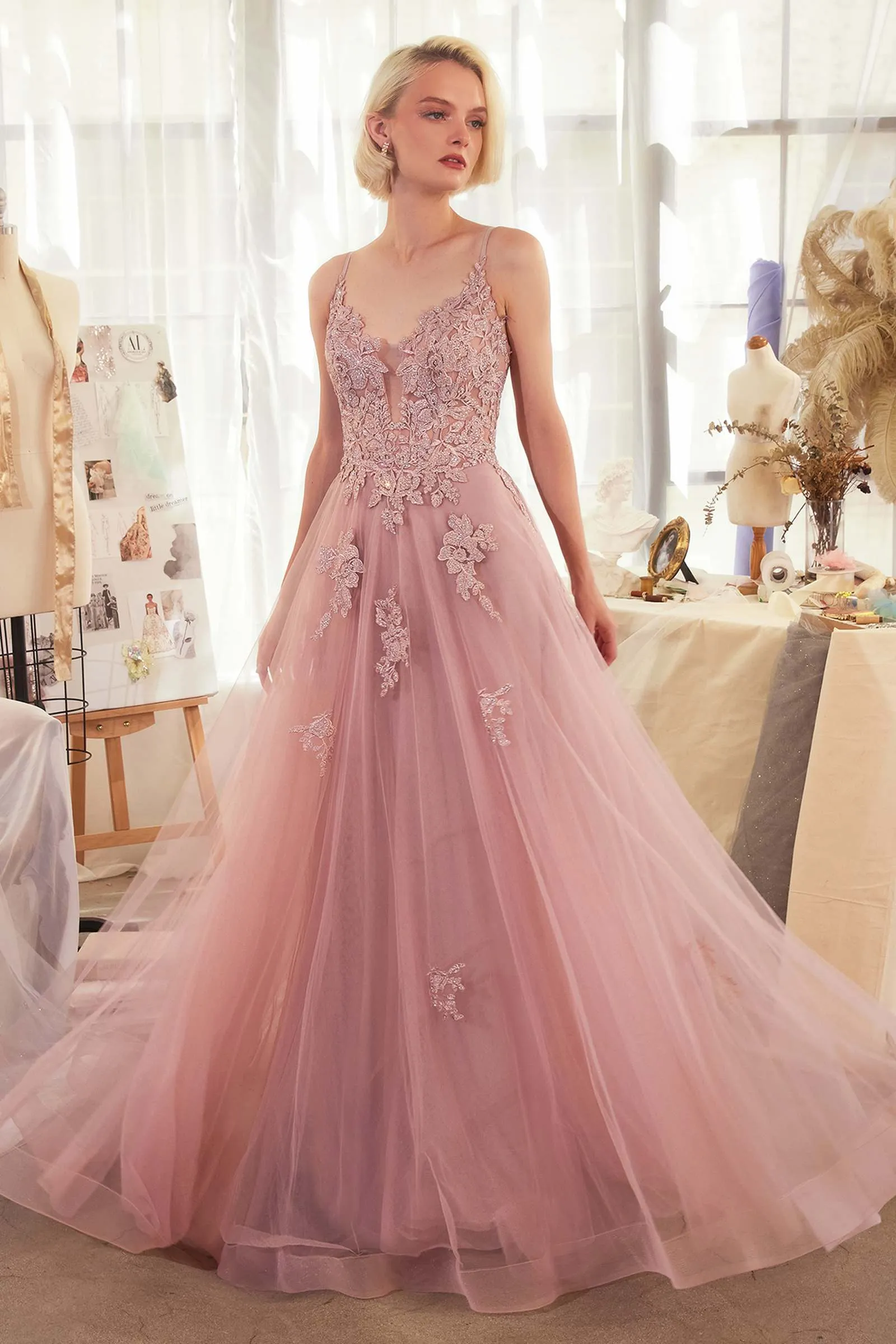 Andrea & Leo A1417 Dress Lace Appliqued A-Line Layered Tulle Gown
