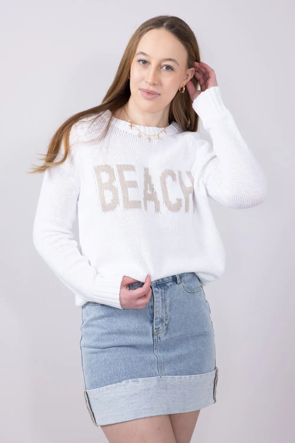 Beach Crewneck Sweater for Women in White/Beige | V2406-WHITEBEIGE