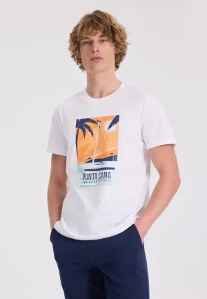 Beyaz Baskılı Bisiklet Yaka Pamuklu Regular Fit Erkek T-Shirt WMVACA PUNTA CANA