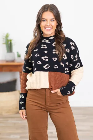 Black and Tan Colorblock Animal Print Sweater