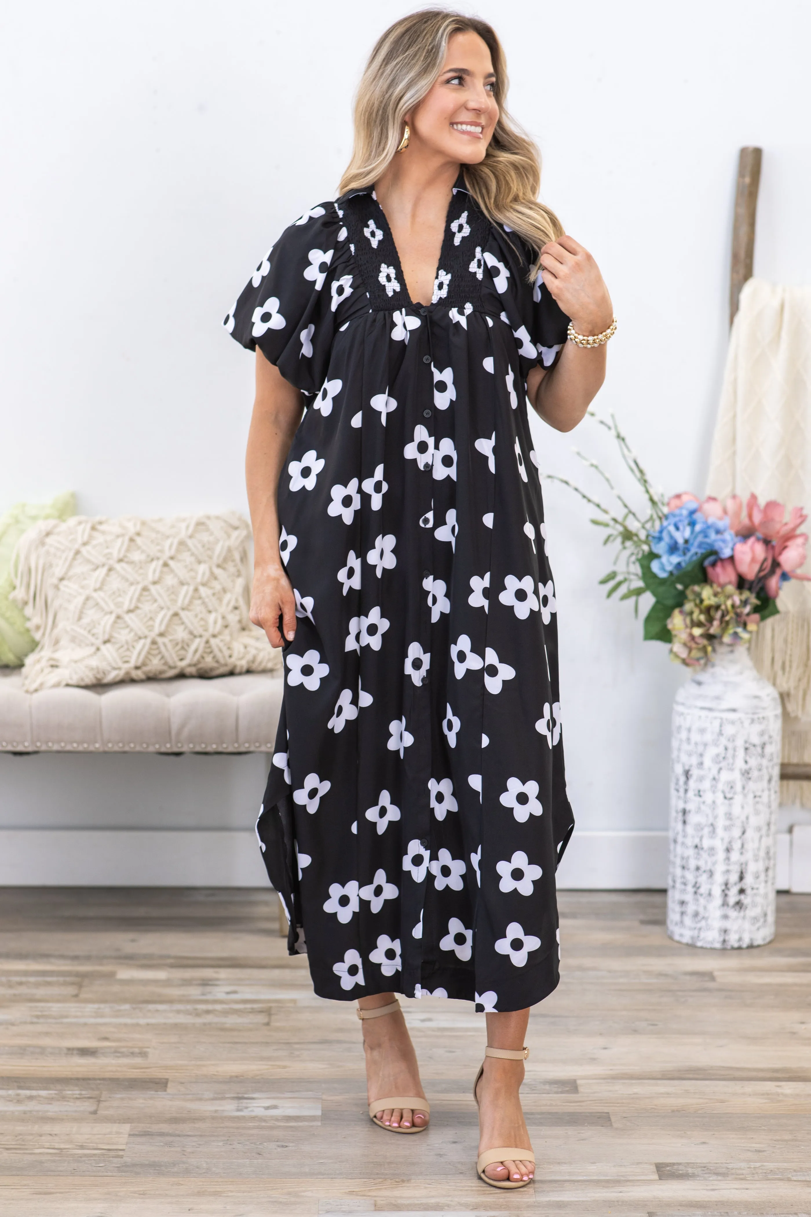 Black and White Floral Smock Detail Midi Dress