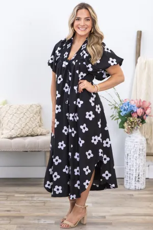 Black and White Floral Smock Detail Midi Dress
