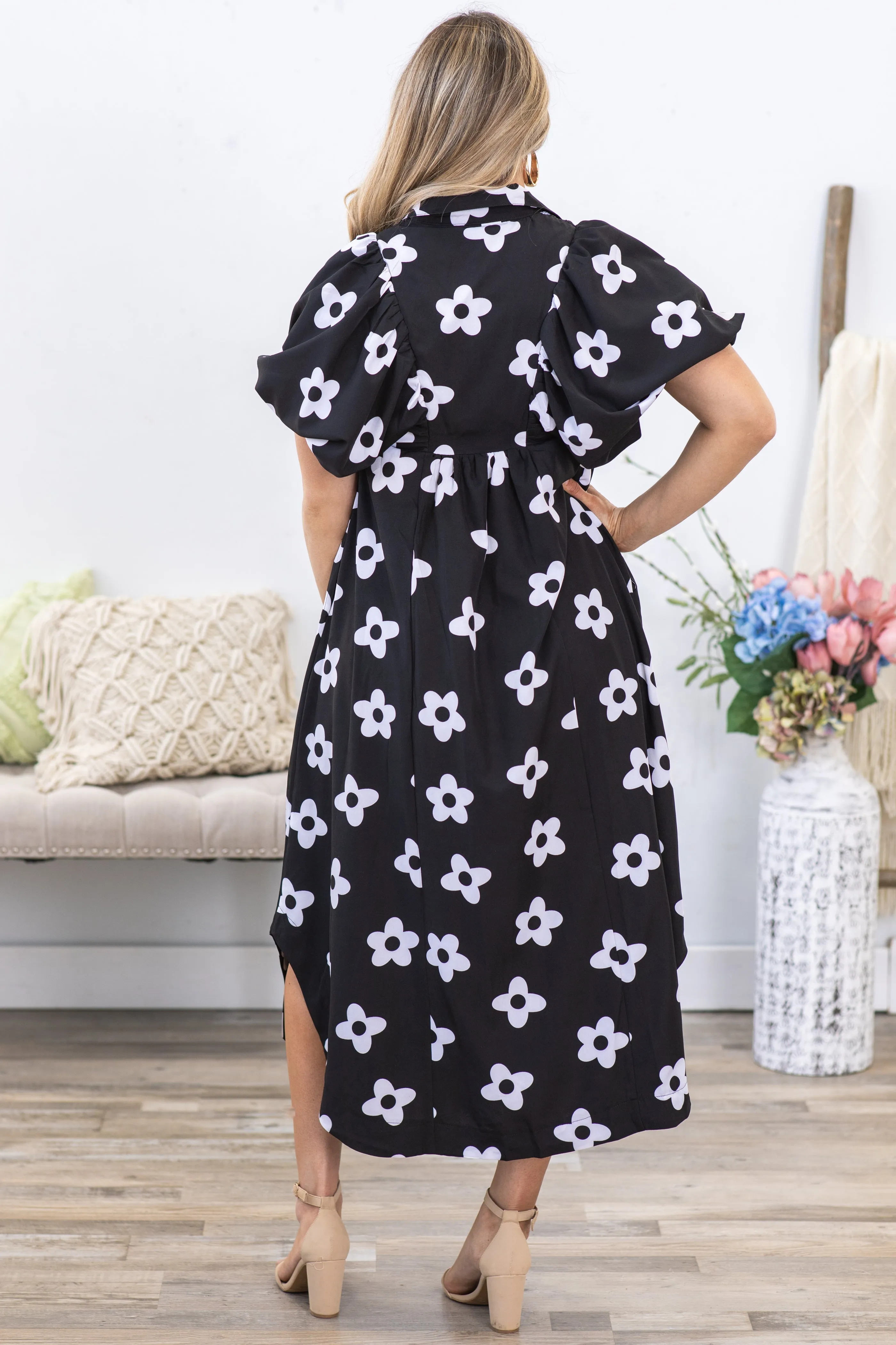 Black and White Floral Smock Detail Midi Dress