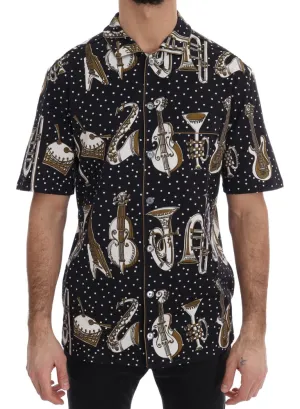 Black Cotton JAZZ Motive Short Sleeve Shirt