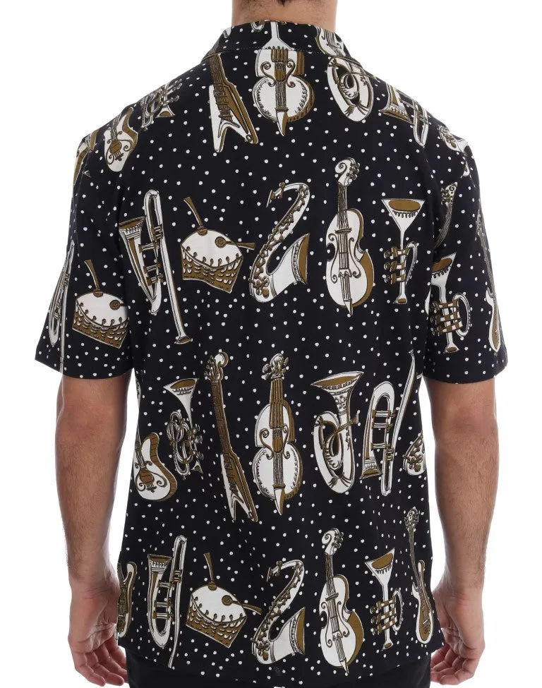 Black Cotton JAZZ Motive Short Sleeve Shirt