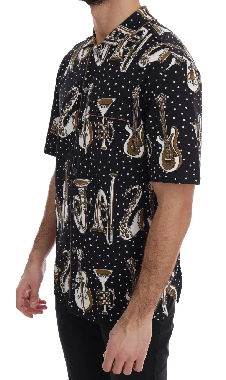 Black Cotton JAZZ Motive Short Sleeve Shirt