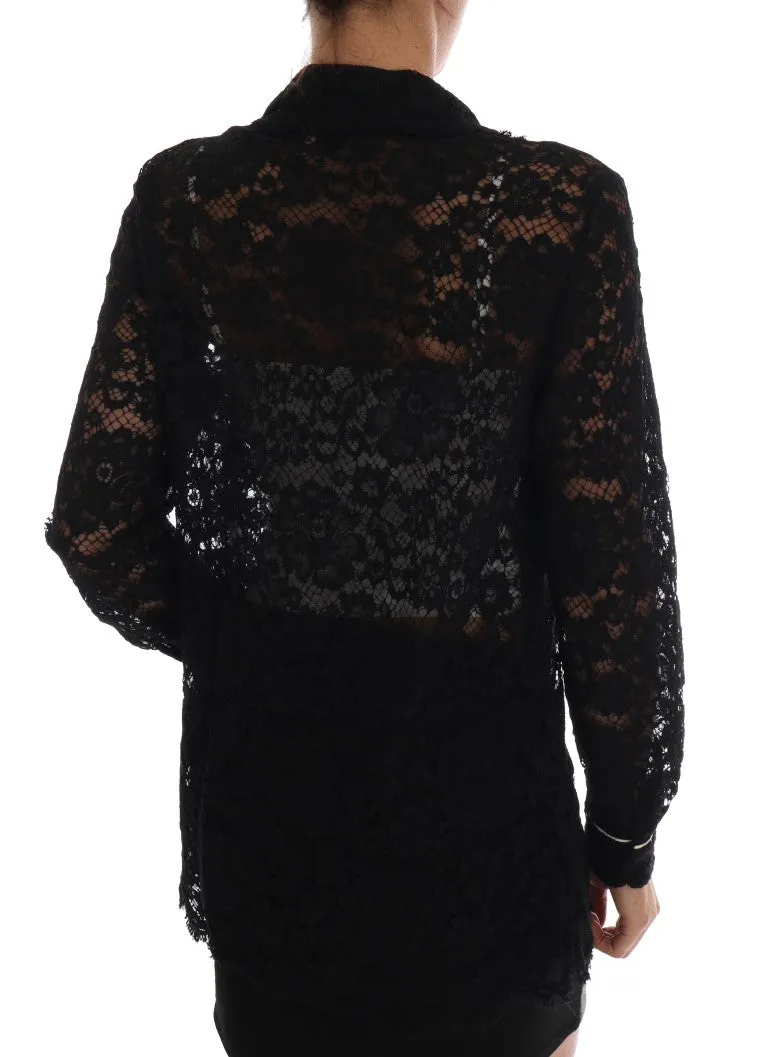 Black Crystal Button Floral Lace Shirt