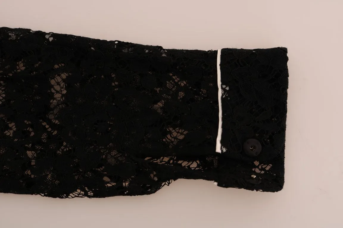 Black Crystal Button Floral Lace Shirt