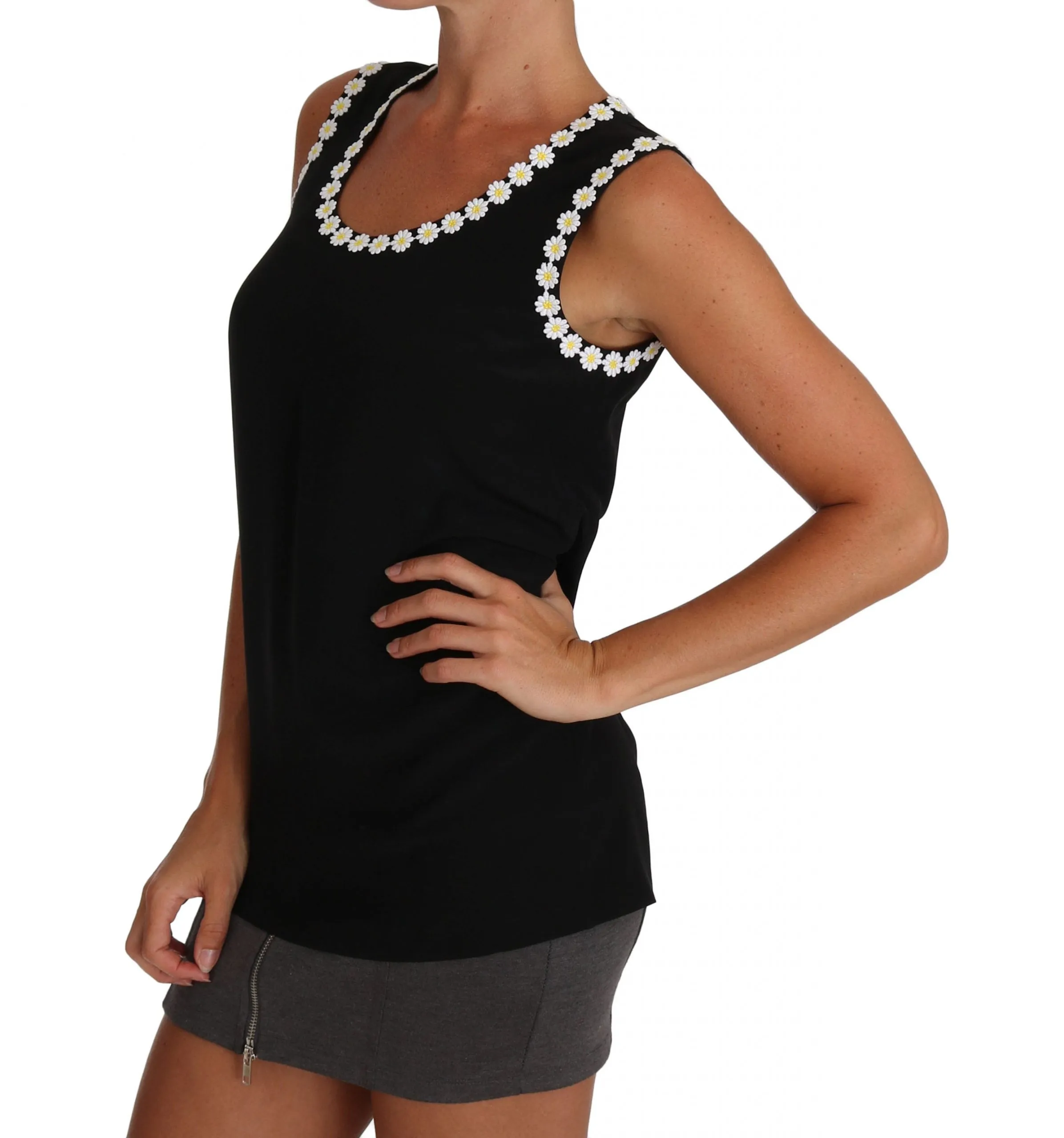 Black Daisy Silk Cami Tank Blouse T-shirt