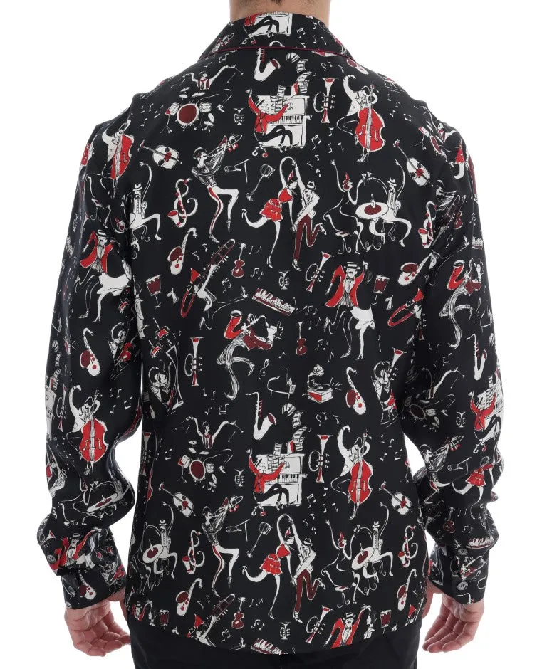 Black Silk JAZZ Motive Print Casual Shirt