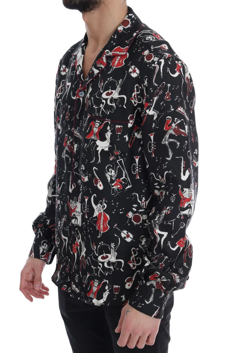 Black Silk JAZZ Motive Print Casual Shirt