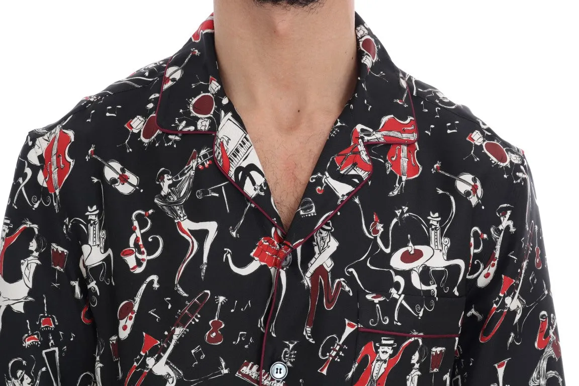 Black Silk JAZZ Motive Print Casual Shirt