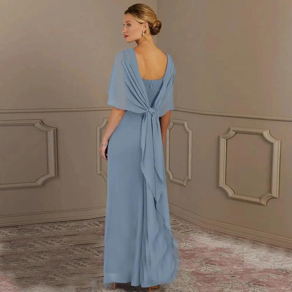 Blue Chiffon Mother of Bride Dress with Zipper Back